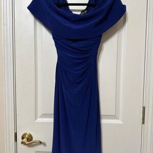 XSCAPE navy blue off the shoulder mermaid dress with ruched detail in the back